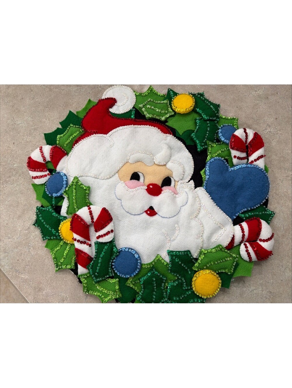 Bucilla Holly Jolly Santa Wreath 83028 Felt Applique Christmas Completed Vintage